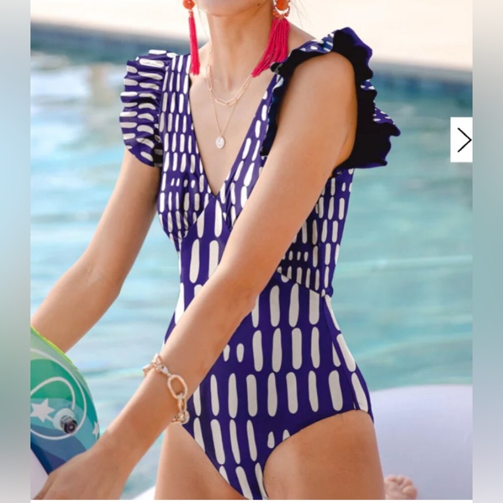 NWT AVERIE Navy and White Ruffle Strap One-Piece Swimsuit - MEDIUM
